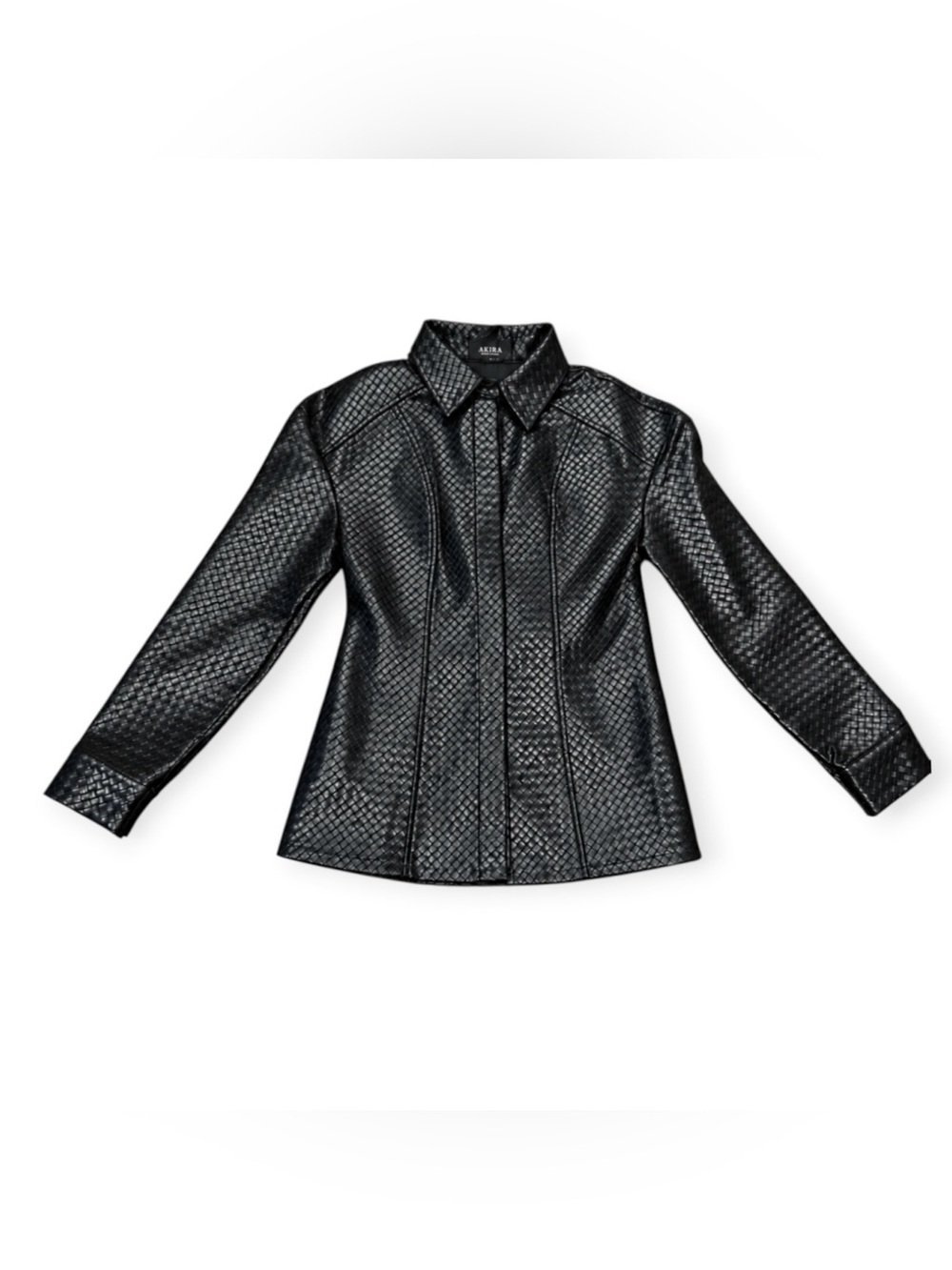 AKIRA Black Textured Faux Leather Belted Jacket Size L